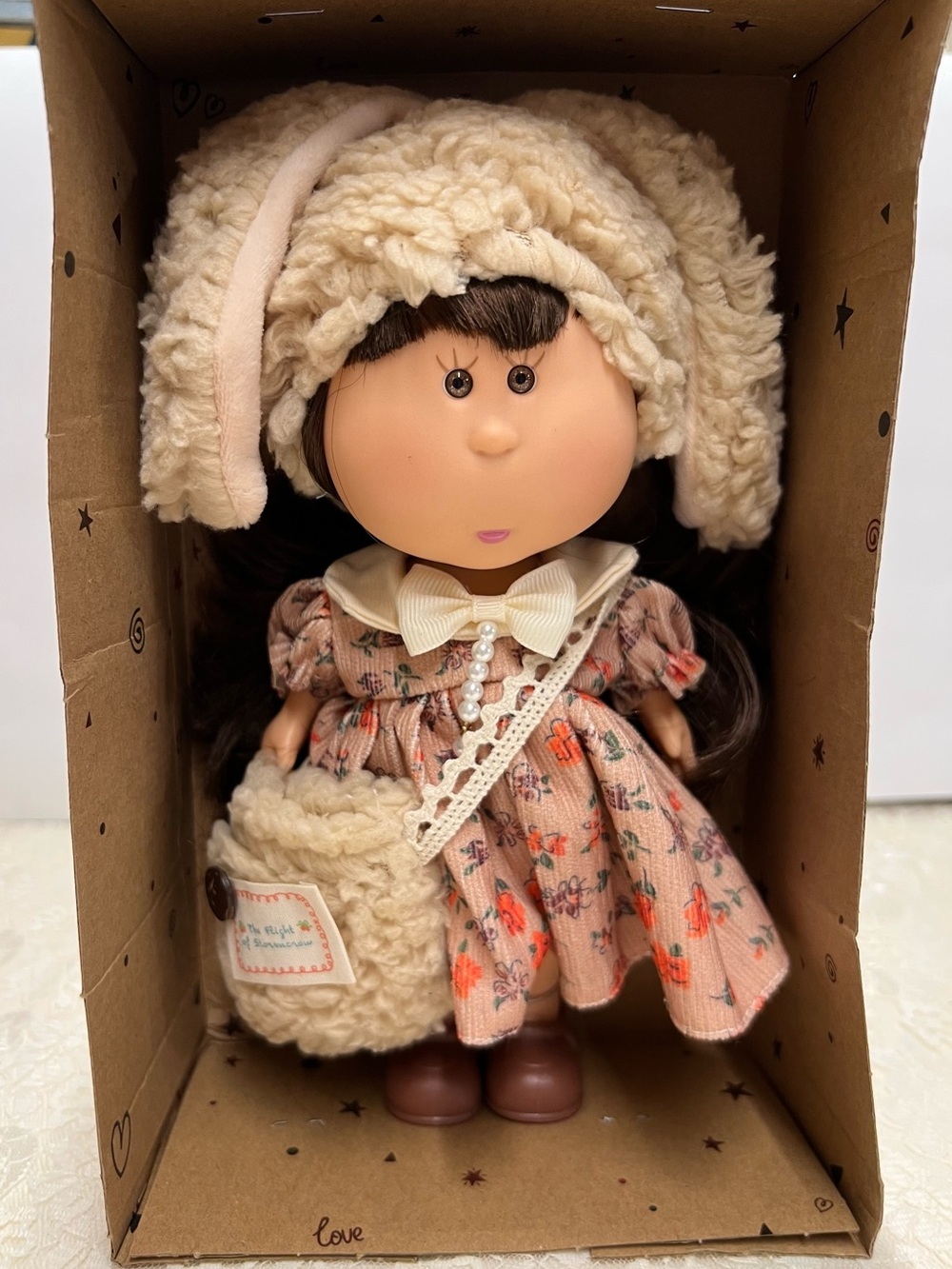 New, Mia Potato Doll with Plush Winter Hat and Floral Dress - Cream & Pink